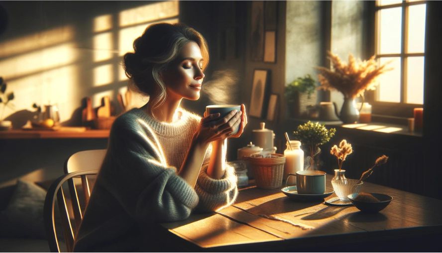 朝日を浴びながらリラックスした表情でコーヒーを飲んでいる女性の画像